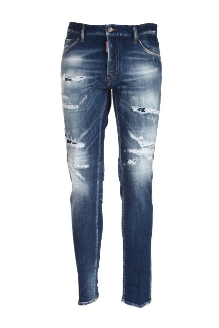 Shop DSQUARED2  Jeans: DSQUARED2 jeans in stretch cotton denim.
Cool Guy model.
Slim fit.
Used wash with destroyed details and color spots
Button closure.
Logo label on the flap.
Logo label on the back.
Measurements in size 48: inseam 22.5 cm, bottom 16.5 cm, length 102 cm.
Composition: 98% cotton 2% elastane.
Made in Romania.. S74LB1266 S30342-470